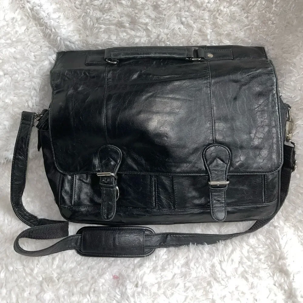 Wilson leather Black Leather Briefcase laptop Nylon side silver tone hardwares.
